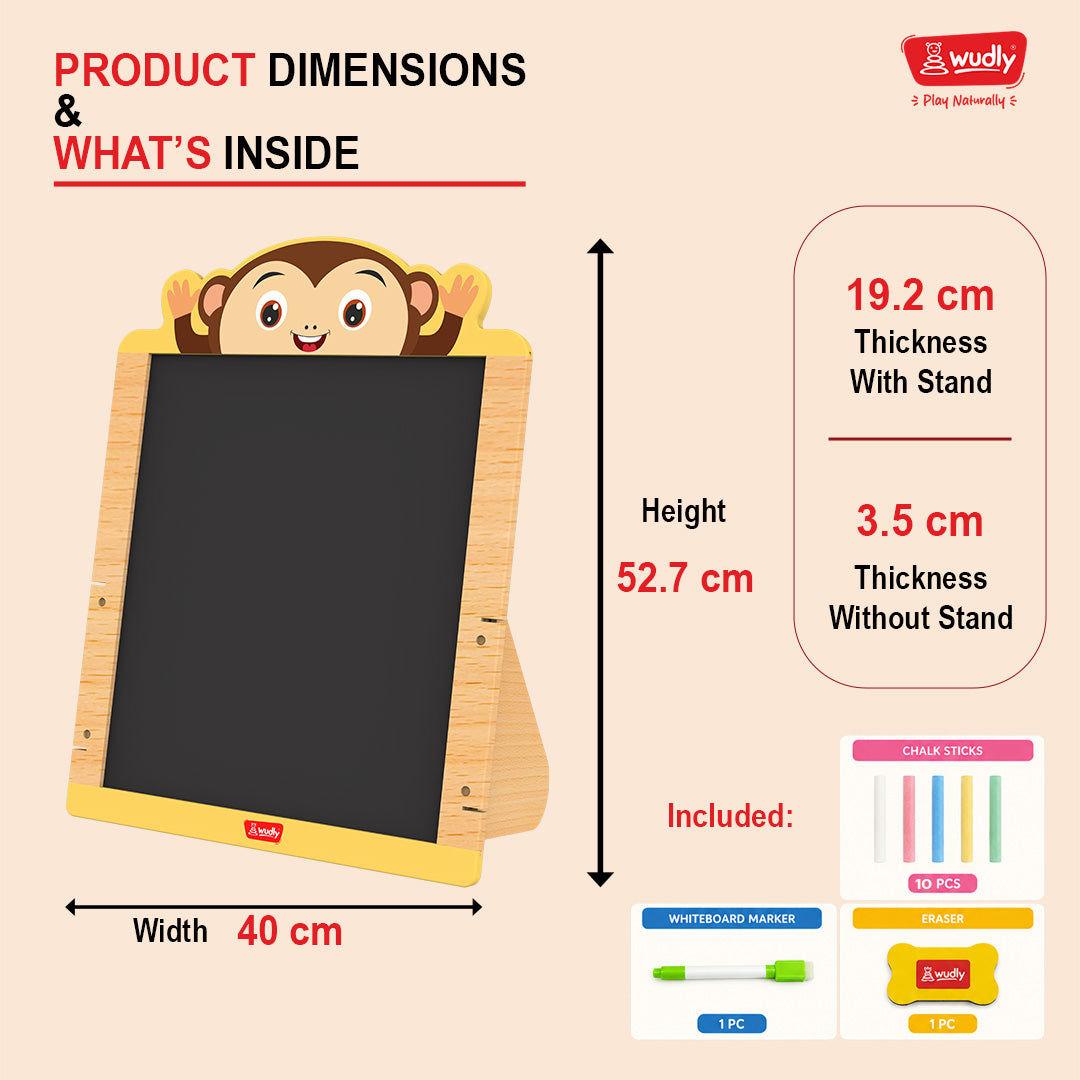 Wudly Wooden 2-in-1  Whiteboard & Blackboard Monkey easel Board