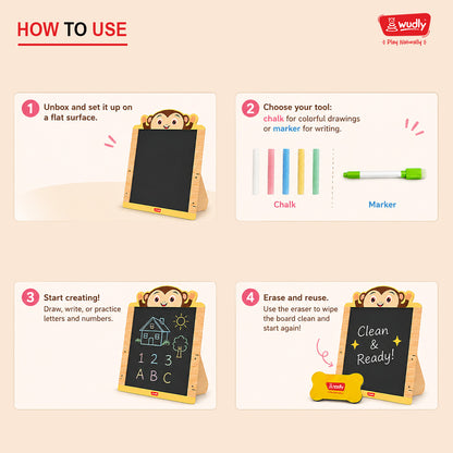 Wudly Wooden 2-in-1  Whiteboard & Blackboard Monkey easel Board
