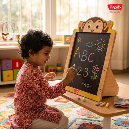 Wudly Wooden 2-in-1  Whiteboard & Blackboard Monkey easel Board