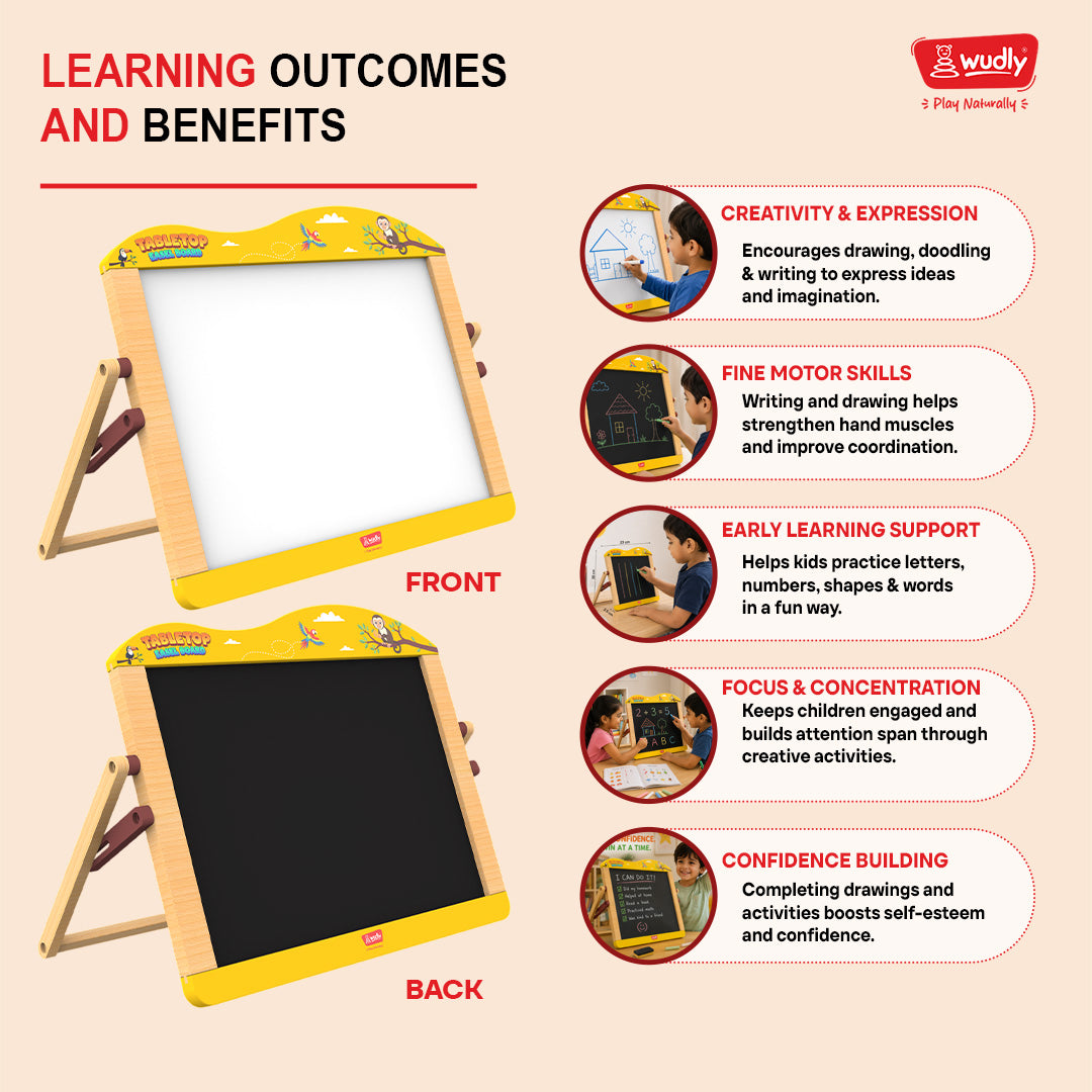 Wudly Wooden 2-in-1  Whiteboard & Blackboard Tabletop Easel Board