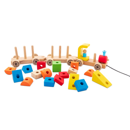 Wudly Wooden Block Train Pull-Along and Building Toy