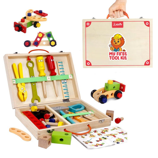 Wudly - Wooden Tool Box, Montessori Educational STEM Toys, Construction Learning Toys for 3+ Years Kids, Set of 53 pcs, Child Safe Certified, Multi color