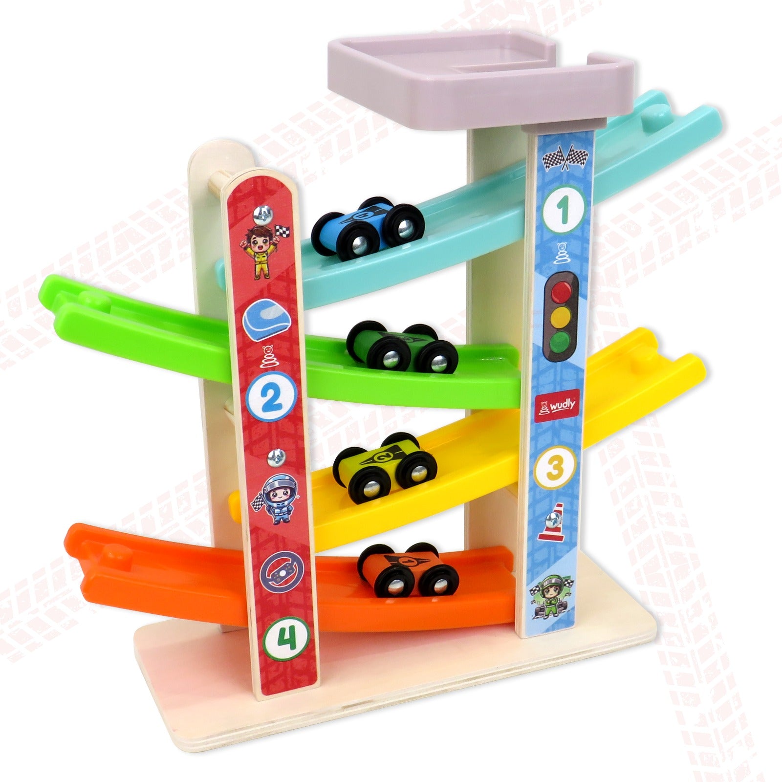 Wudly Wooden Car Ramp Racer Toy for Toddlers - 4 Levels Continuous Mot ...