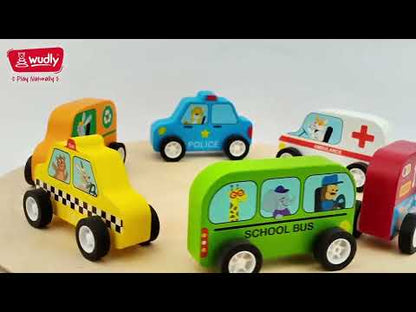 WUDLY Wooden Toy Cars Set for Kids (6 pcs) | Police, Ambulance, Taxi, School Bus, Fire Truck & Trash Truck